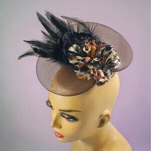 Fascinator Cocktail Hat Sinamay Black Feathers Tiger Print Satin Rose Wedding